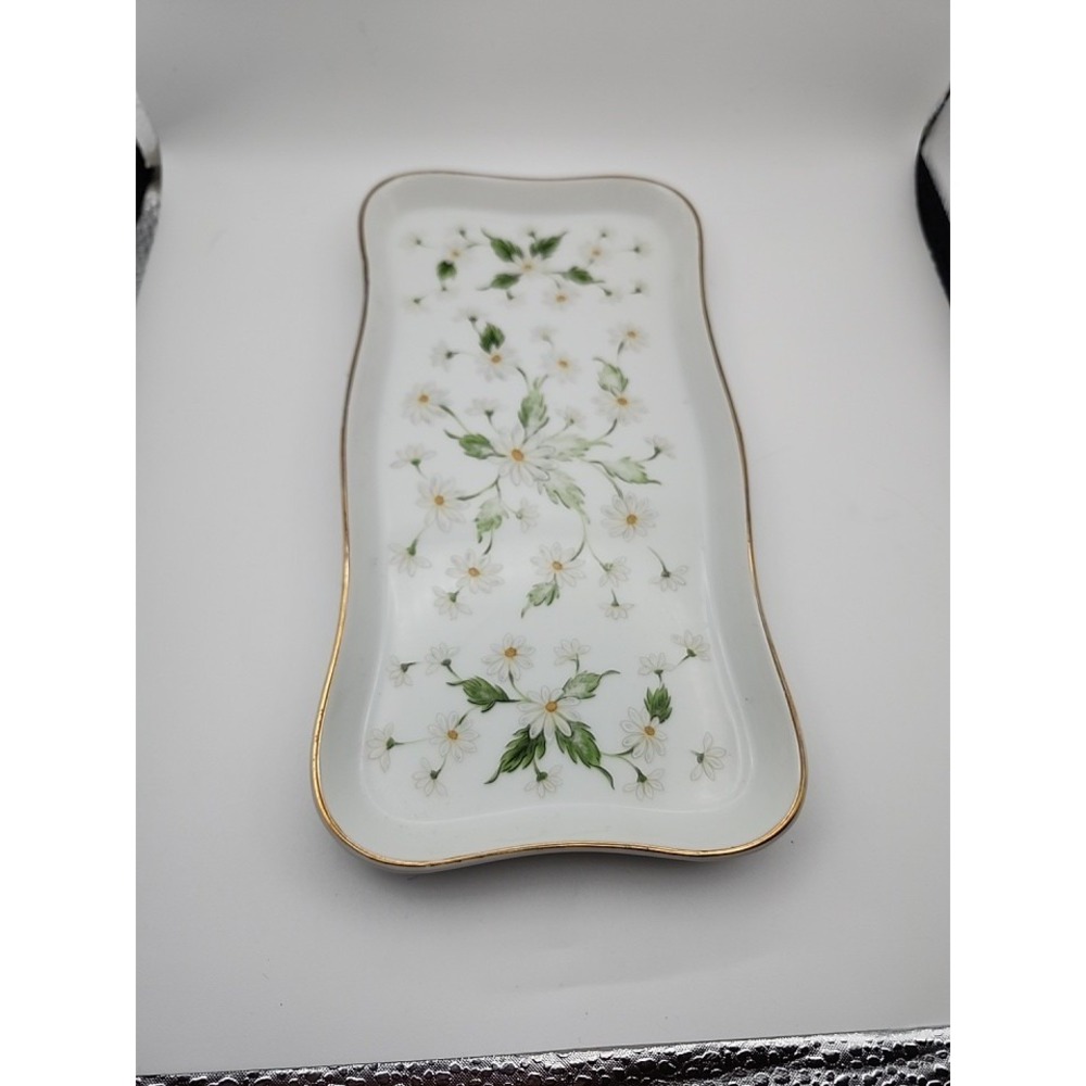 Vintage Lefton China Hand Painted Daisy Porcelain Tray Gold Trim 9"